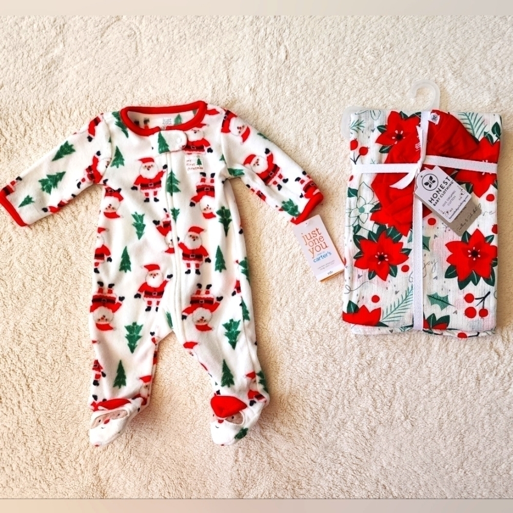 NWT newborn Swaddle Blanket & Headband Set and My 1st Christmas footed pajama